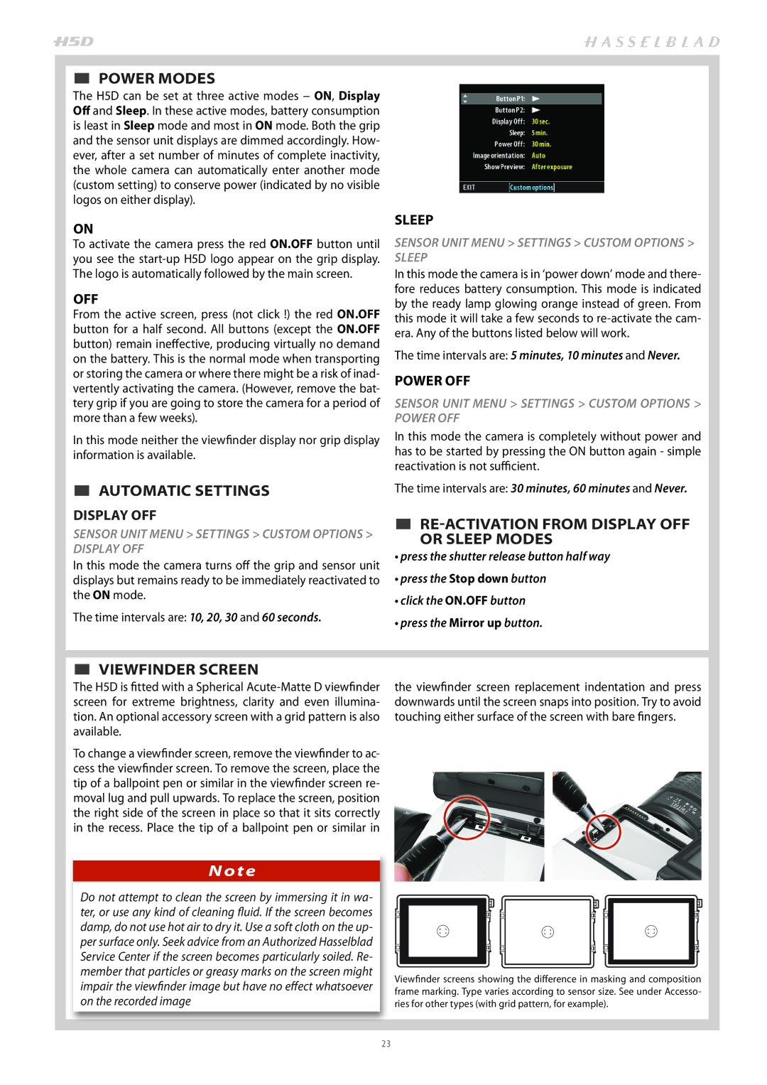 Hasselblad H4D200MS user manual  POWER Modes,  AUTOMATIC Settings,  VIEWFINDER Screen, Display OFF 